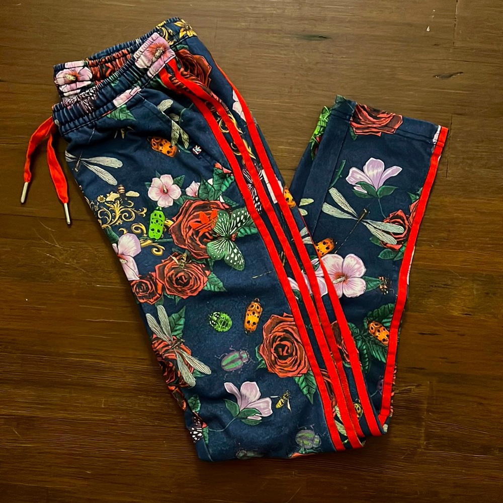Adidas three stripe joggers sweatpants with roses and bugs in blue and red